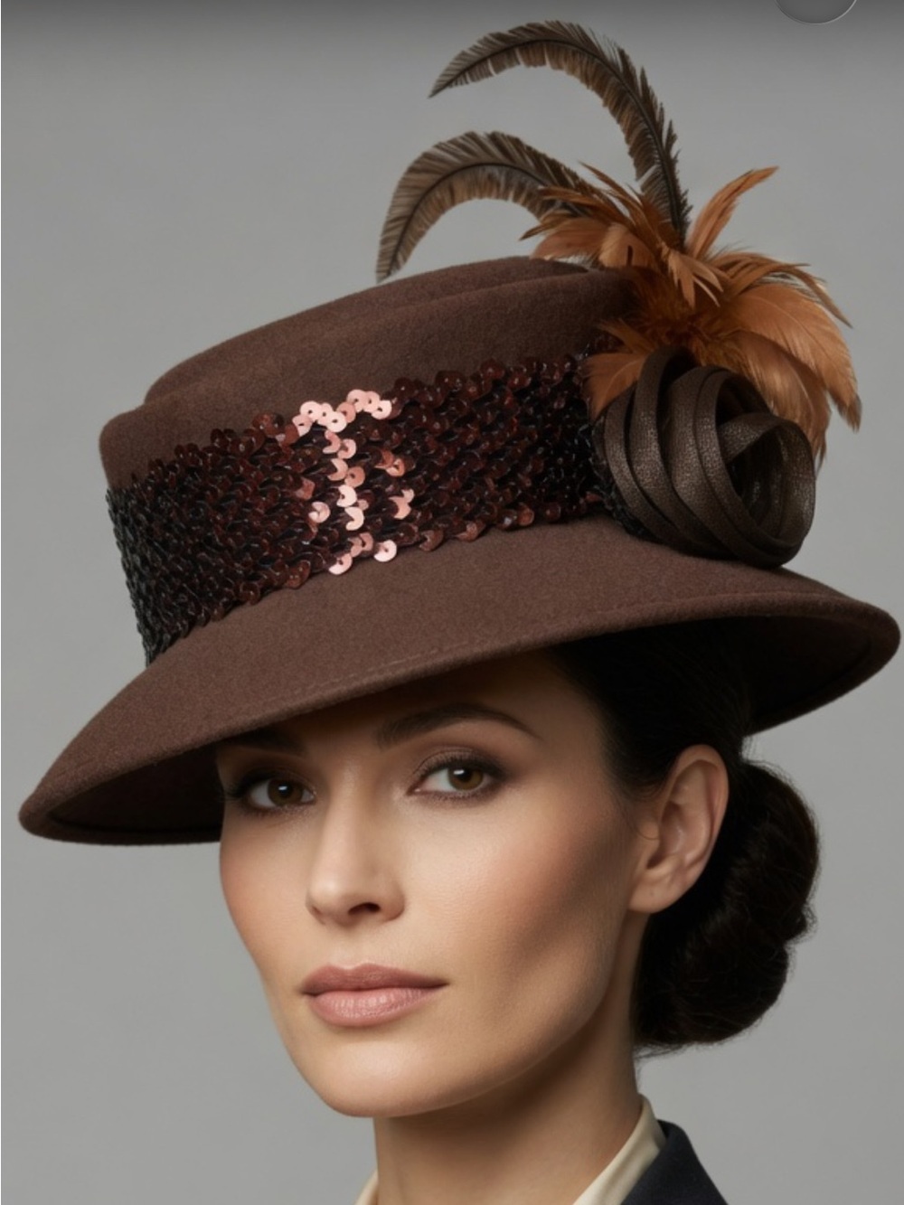 Vintage Deborah New York Wool Womens Brown Felt Feather Trim Hat